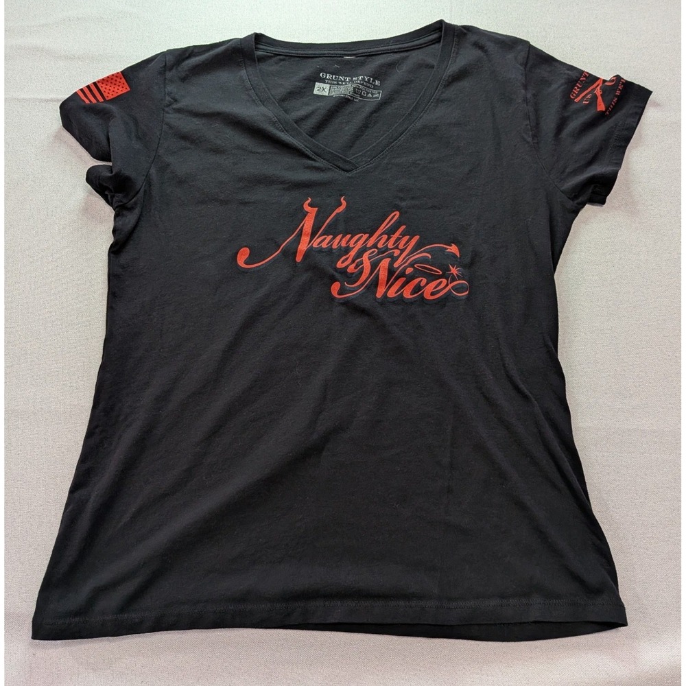 Grunt Style Graphic T-Shirt Womens 2X Black Excellent Naughty & Nice V-Neck Tee